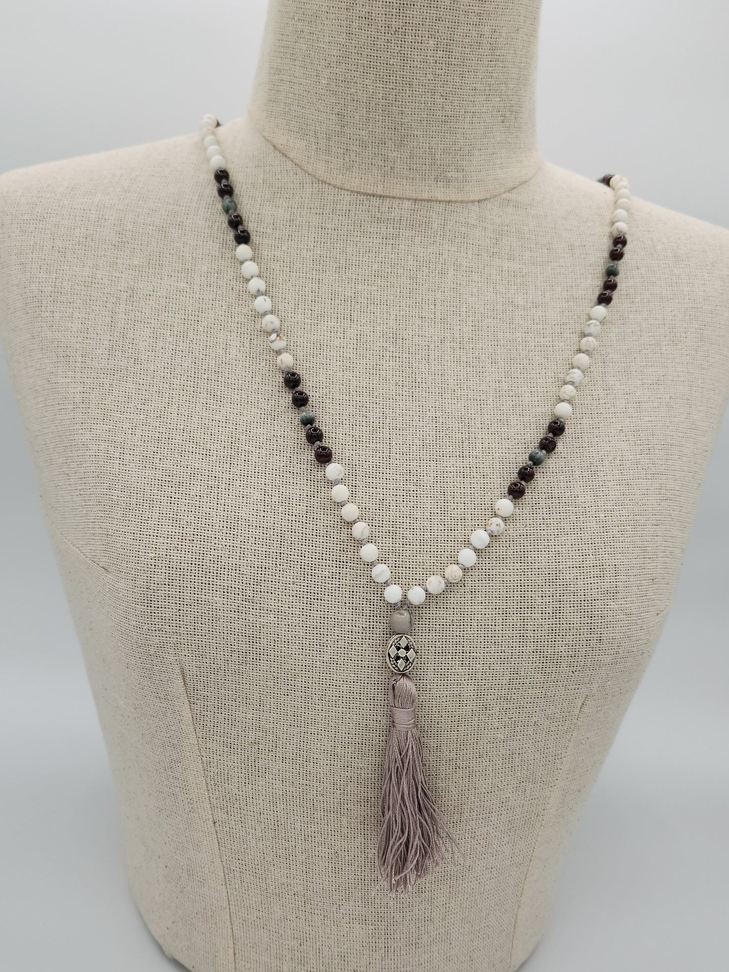 Mala Necklace Howlite, Garnet, and Eagle's Eye Mala Necklace 6mm