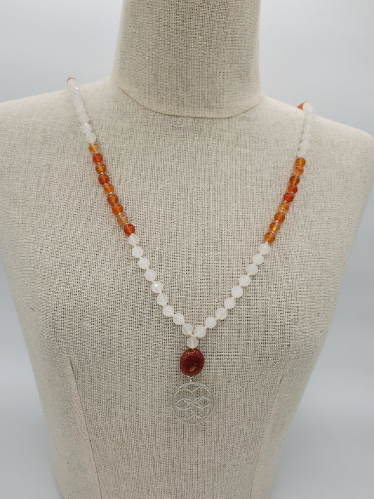 Mala Necklace Carnelian and White Jade 8mm