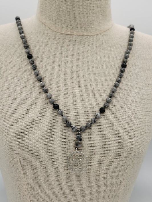 Mala Necklace Silver Crazy Lace Agate and Black Obsidian 8mm