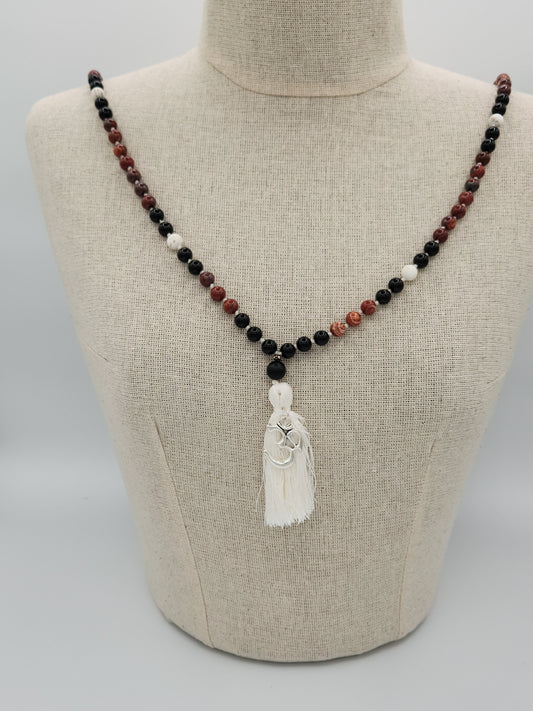 Mala Necklace Red Snakeskin Jasper, Black Obsidian, White Turquoise 8mm