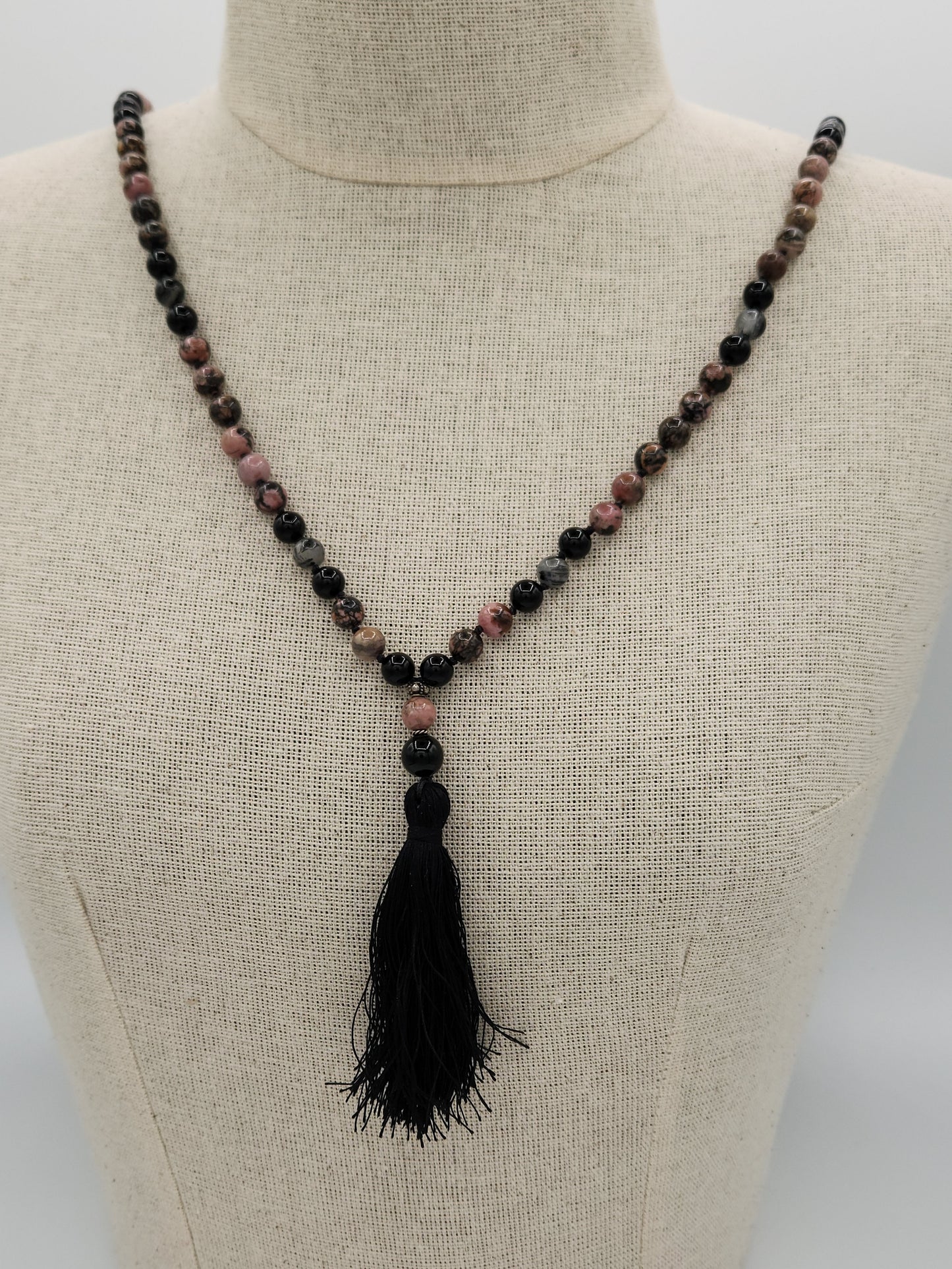 Mala Necklace Rhodonite, Black Obsidian and Tourmalined Quartz 8mm