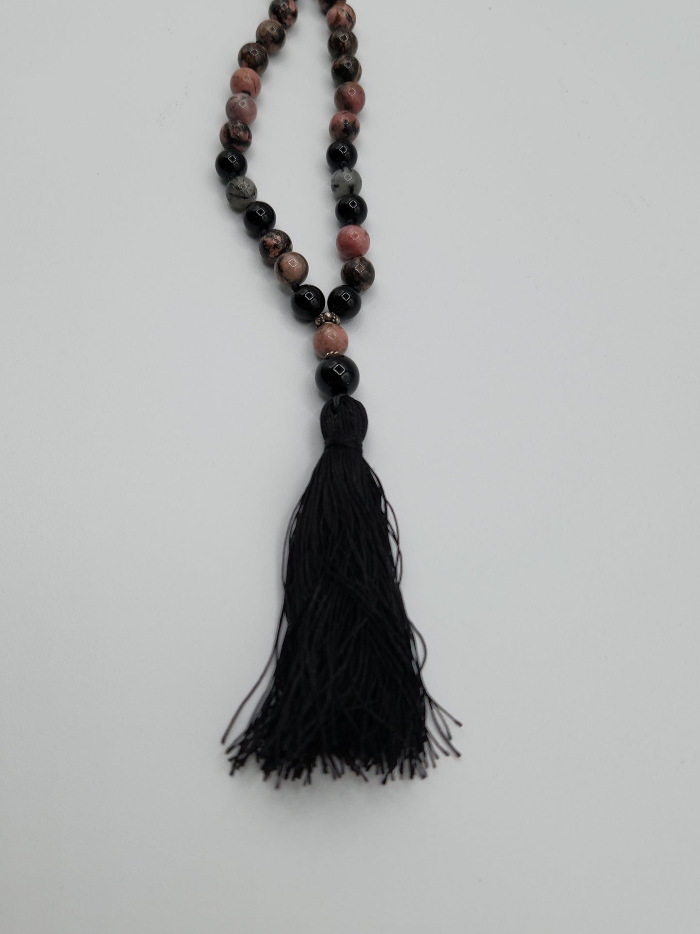 Mala Necklace Rhodonite, Black Obsidian and Tourmalined Quartz 8mm