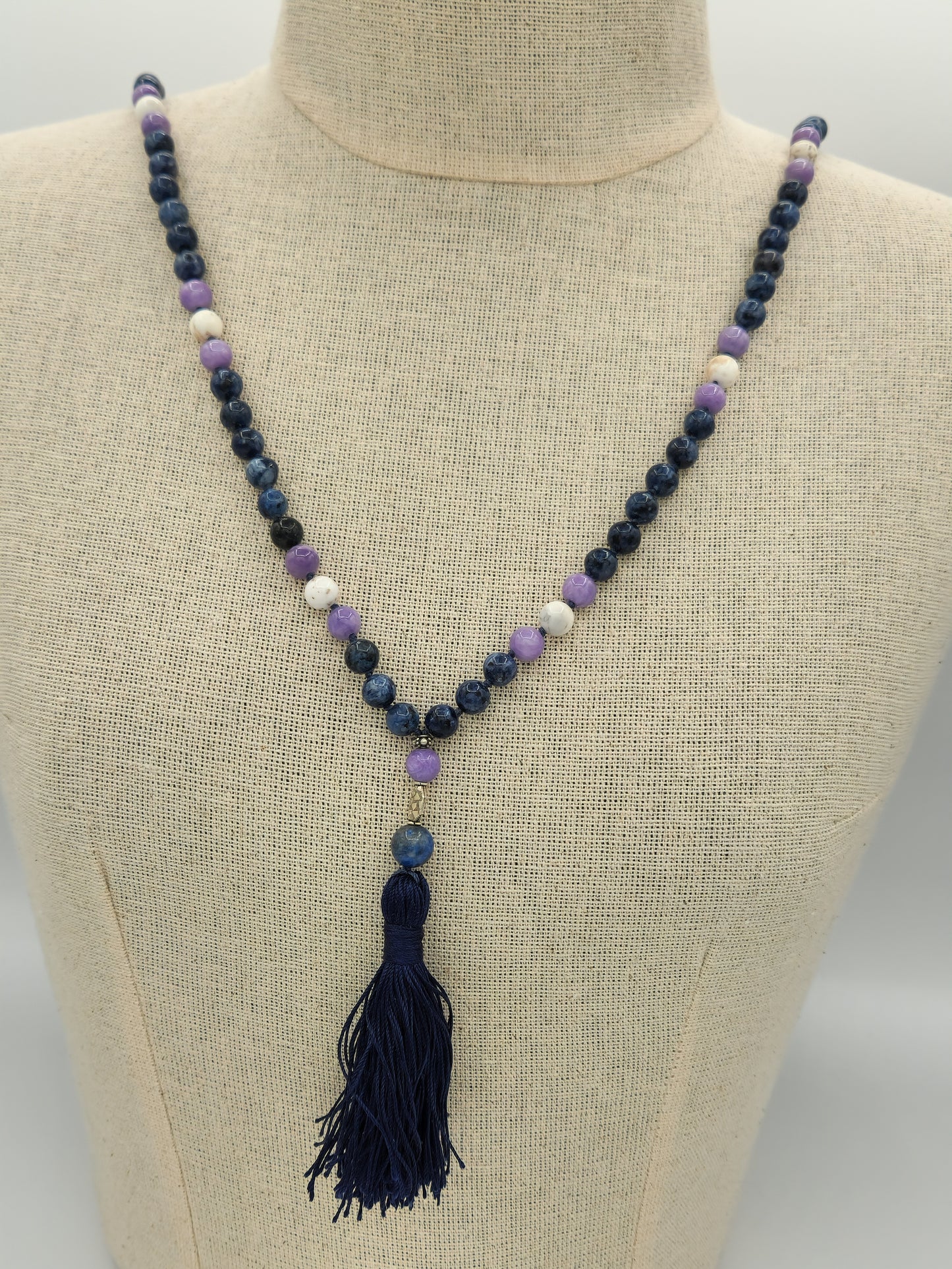 Mala Necklace Sodalite, Lavender Jade, and White Turquoise 8mm