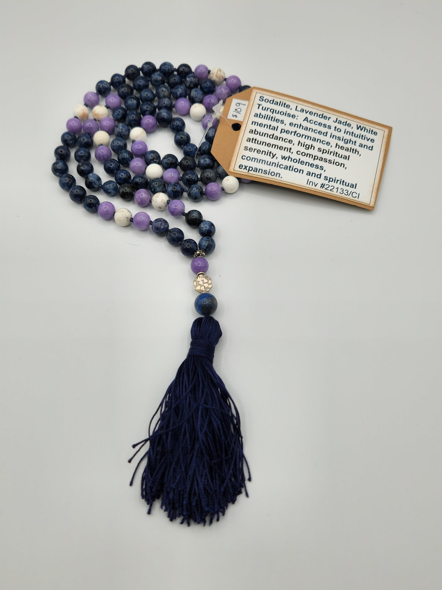 Mala Necklace Sodalite, Lavender Jade, and White Turquoise 8mm