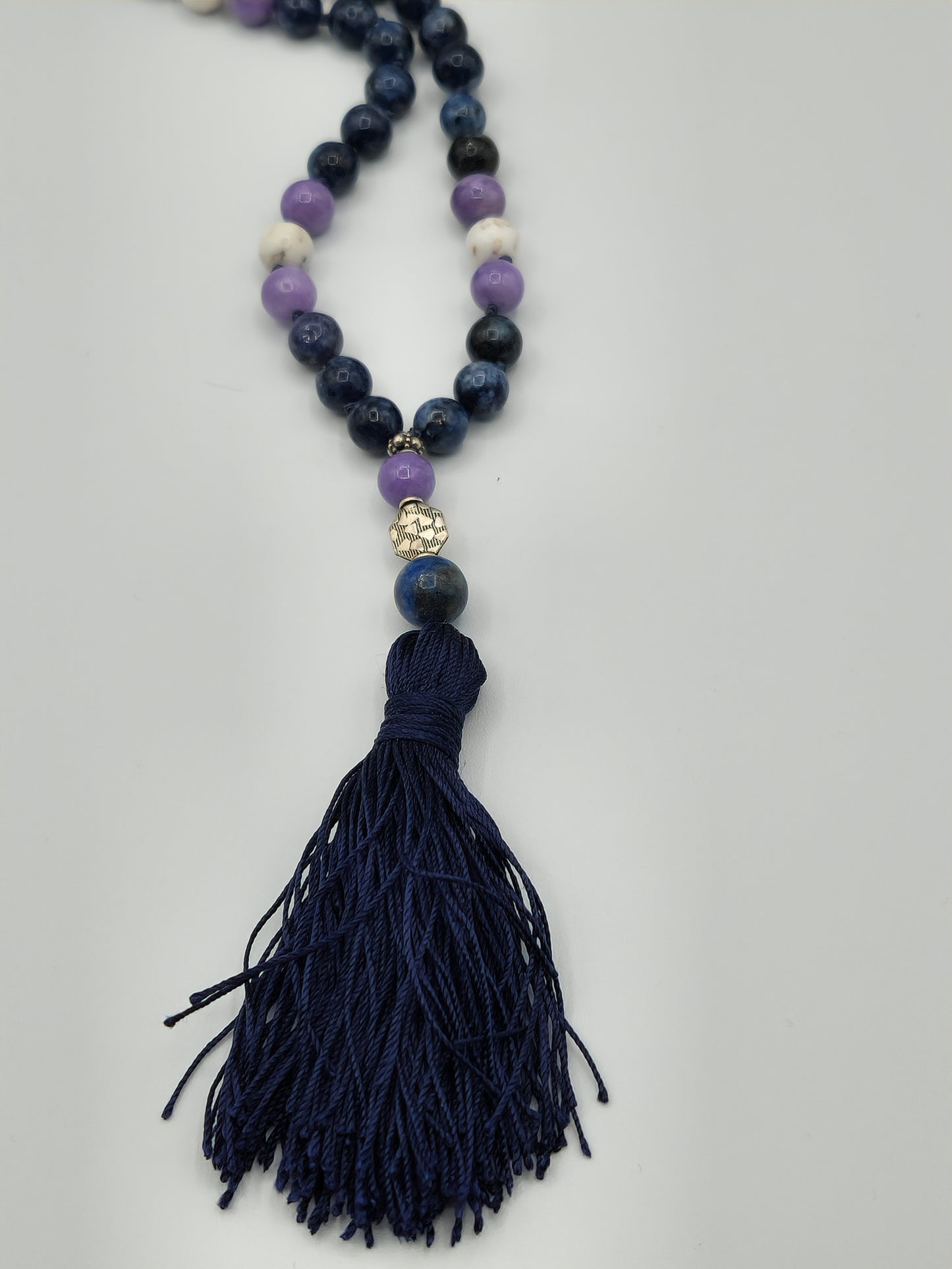 Mala Necklace Sodalite, Lavender Jade, and White Turquoise 8mm