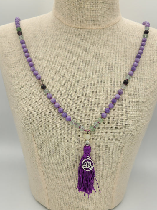 Mala Necklace Lavender Jade and Fluorite 8mm