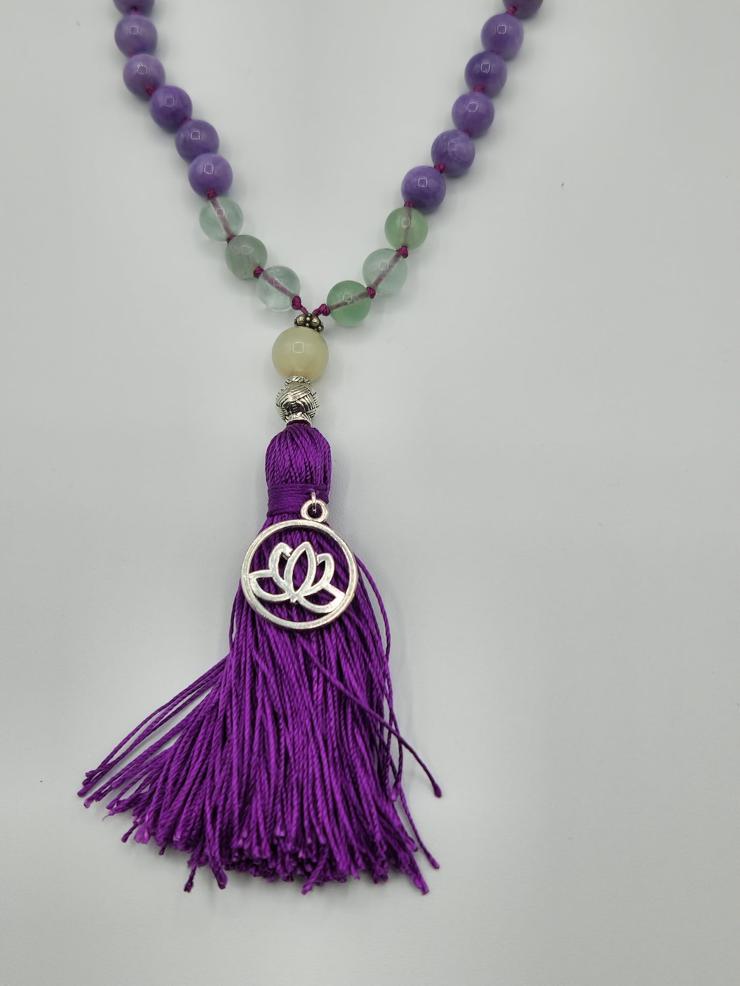 Mala Necklace Lavender Jade and Fluorite 8mm