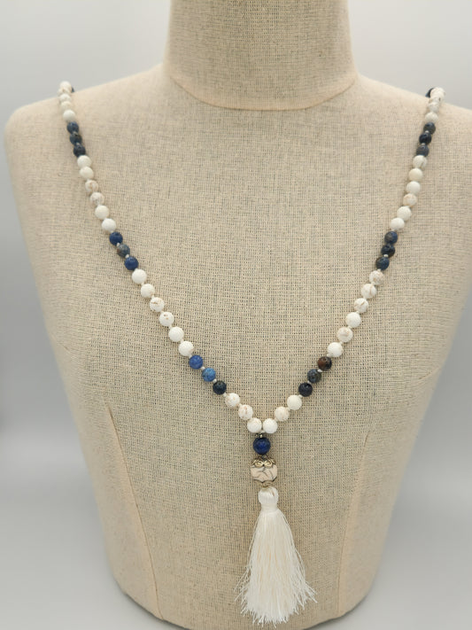 Mala Necklace White Turquoise and Sunset Dumortierite 8mm