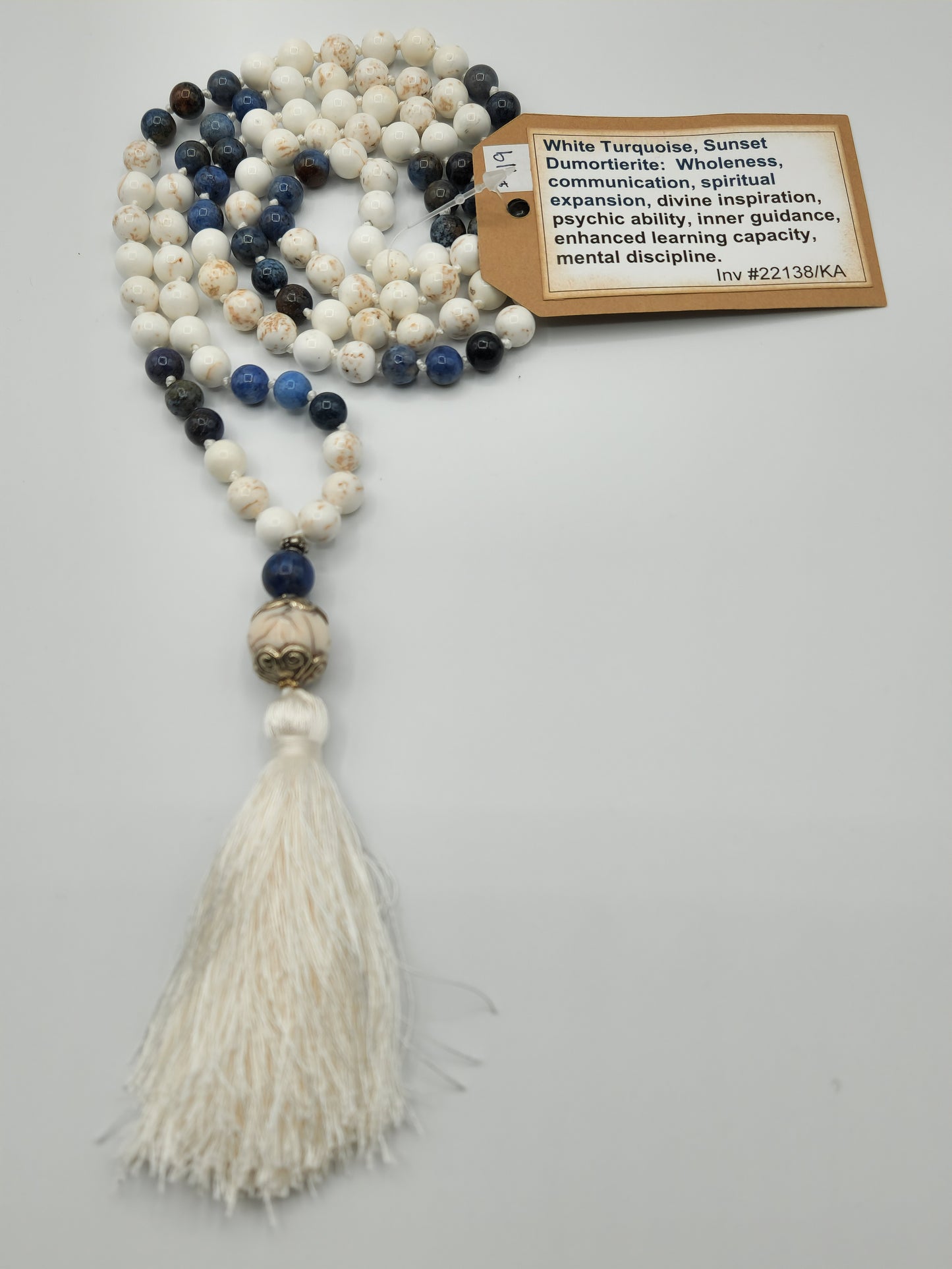Mala Necklace White Turquoise and Sunset Dumortierite 8mm