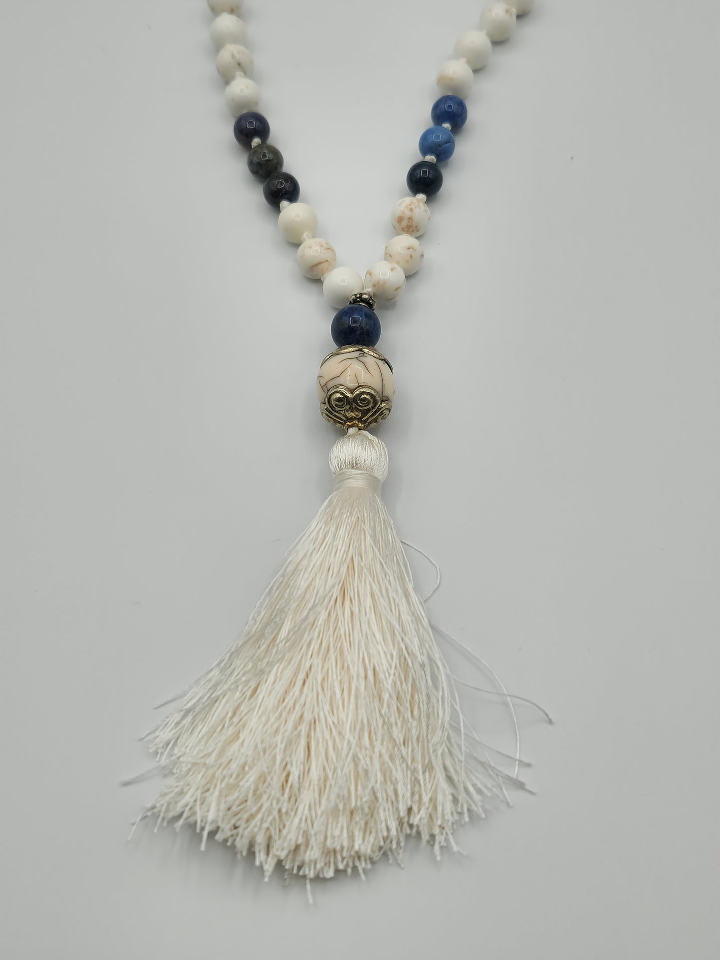 Mala Necklace White Turquoise and Sunset Dumortierite 8mm