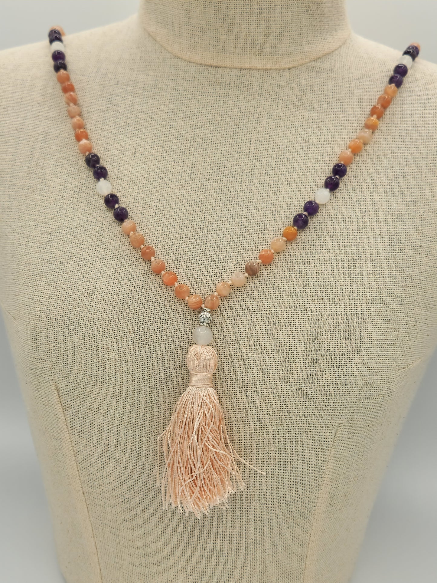 Mala Necklace Sunstone, Amethyst, and White Jade 8mm