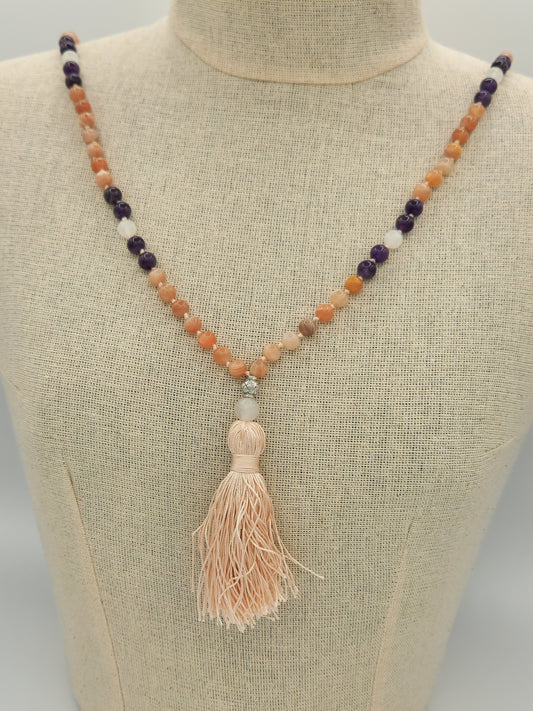 Mala Necklace Sunstone, Amethyst, and White Jade 8mm