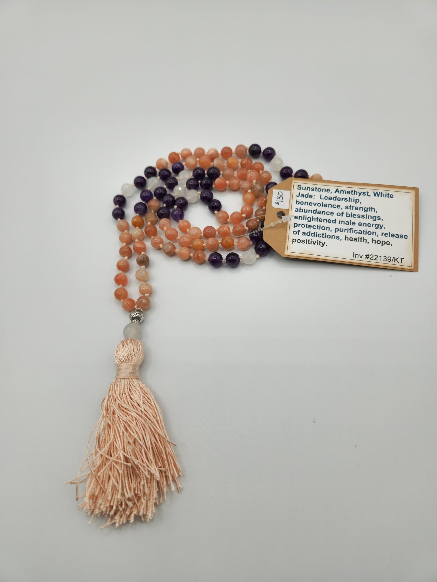 Mala Necklace Sunstone, Amethyst, and White Jade 8mm