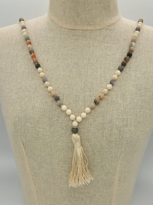 Mala Necklace Bamboo Leaf Agate, Ivory Jade and Grey Jade Mala Necklace 8mm