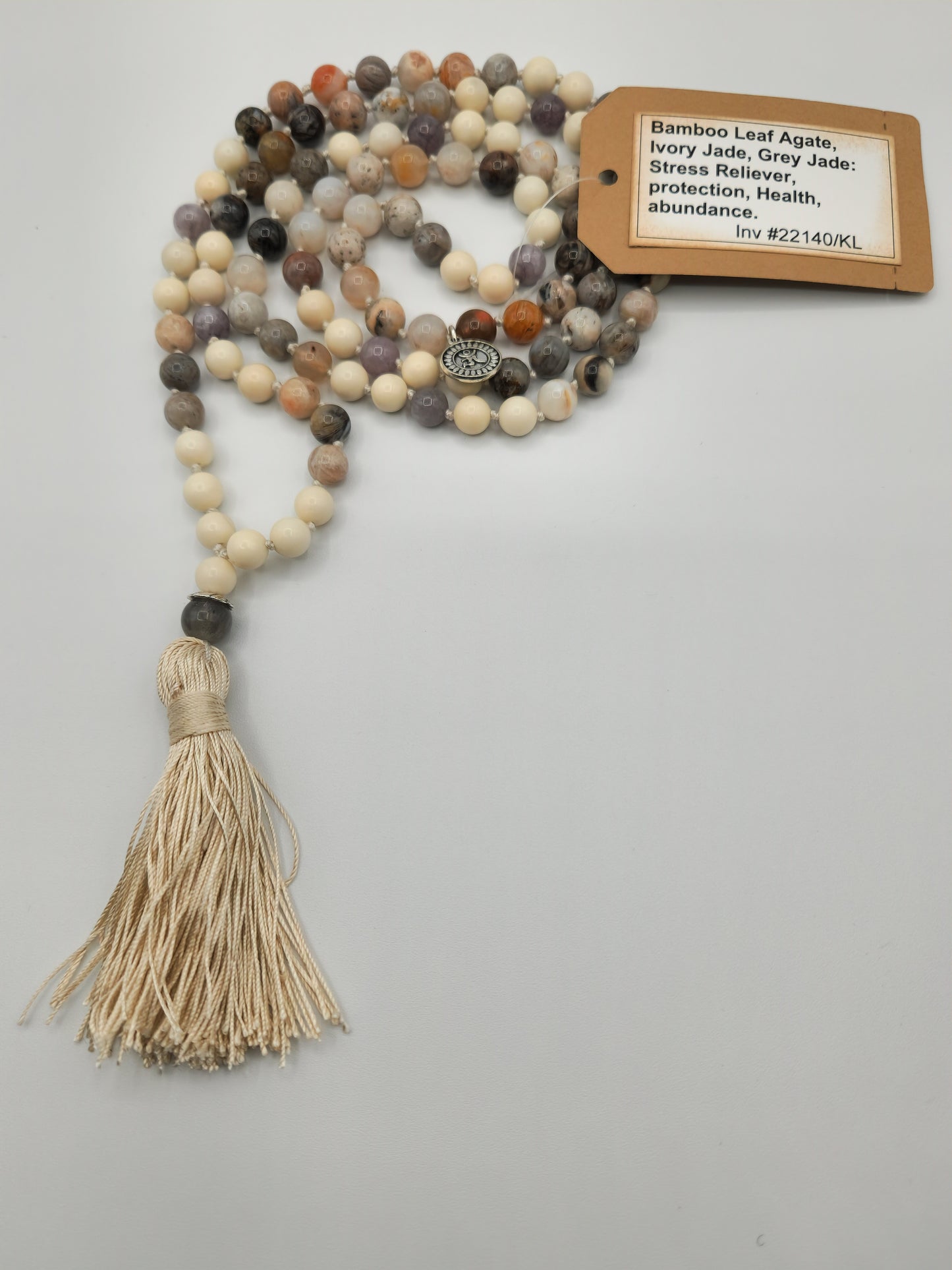 Mala Necklace Bamboo Leaf Agate, Ivory Jade and Grey Jade Mala Necklace 8mm