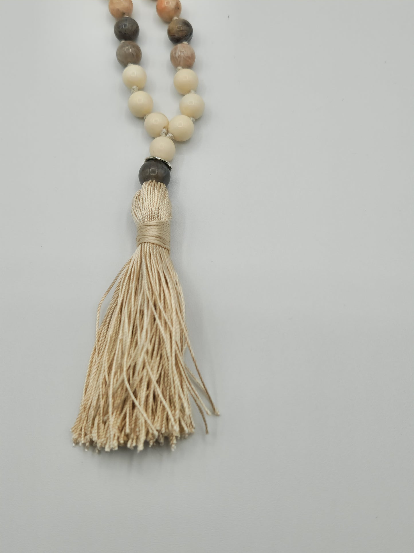 Mala Necklace Bamboo Leaf Agate, Ivory Jade and Grey Jade Mala Necklace 8mm