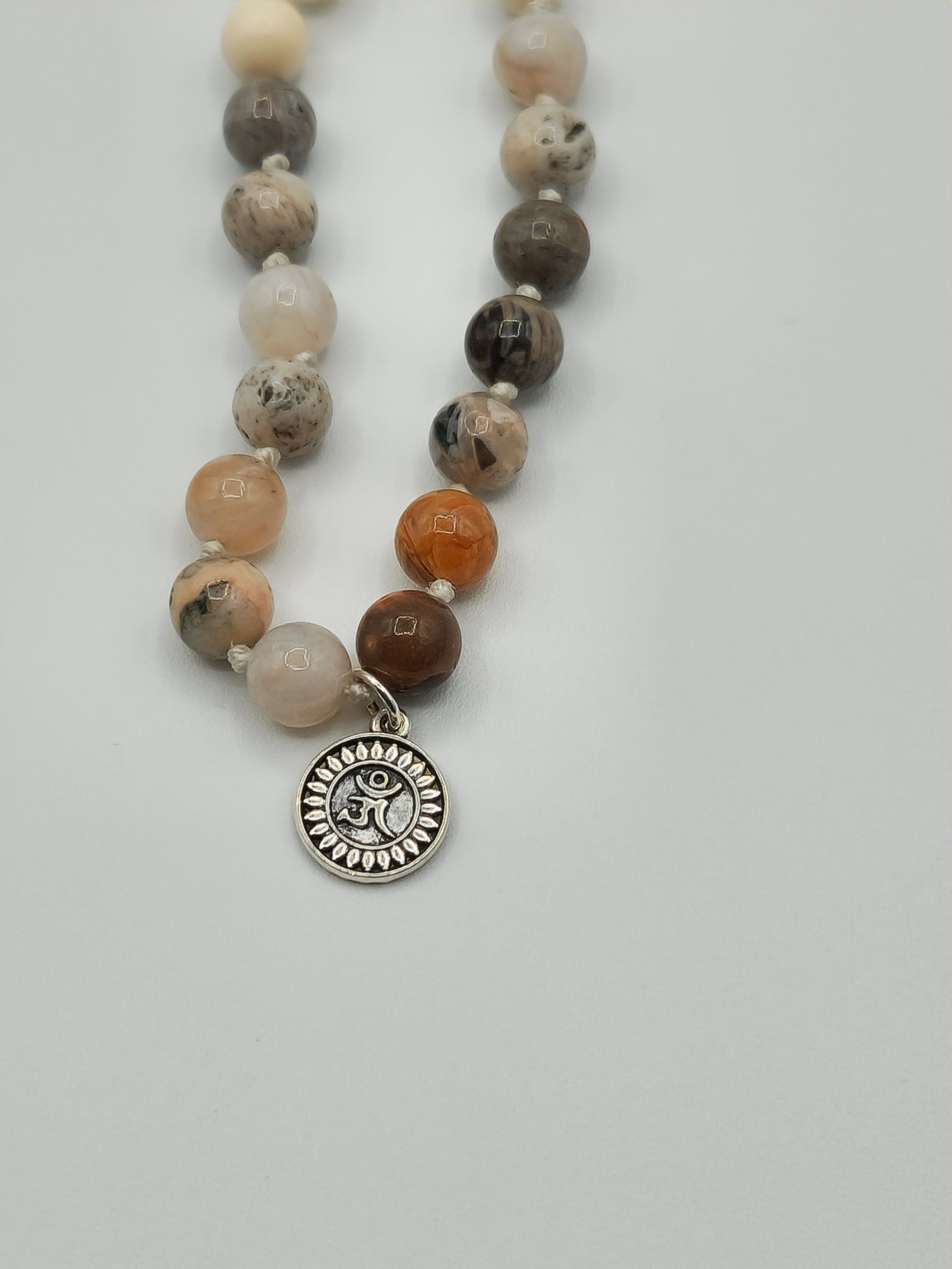 Mala Necklace Bamboo Leaf Agate, Ivory Jade and Grey Jade Mala Necklace 8mm