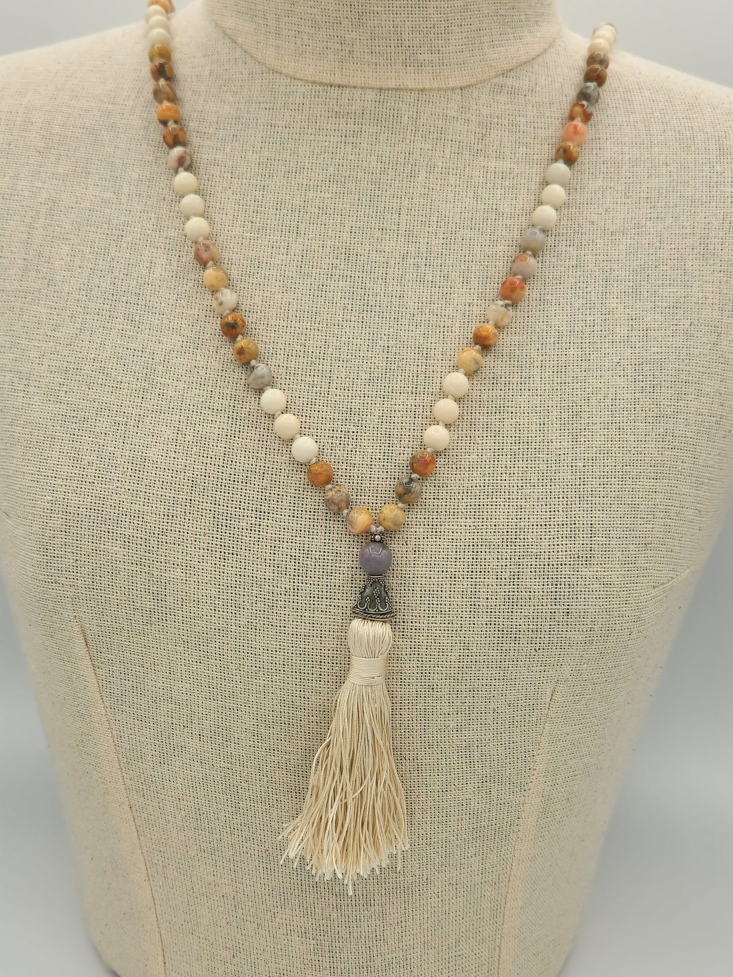 Mala Necklace Crazy Lace Agate and Ivory Jade 8mm