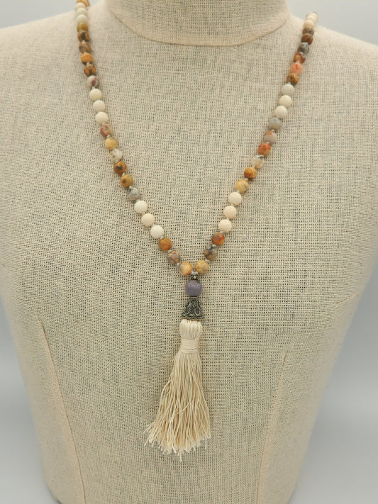 Mala Necklace Crazy Lace Agate and Ivory Jade 8mm