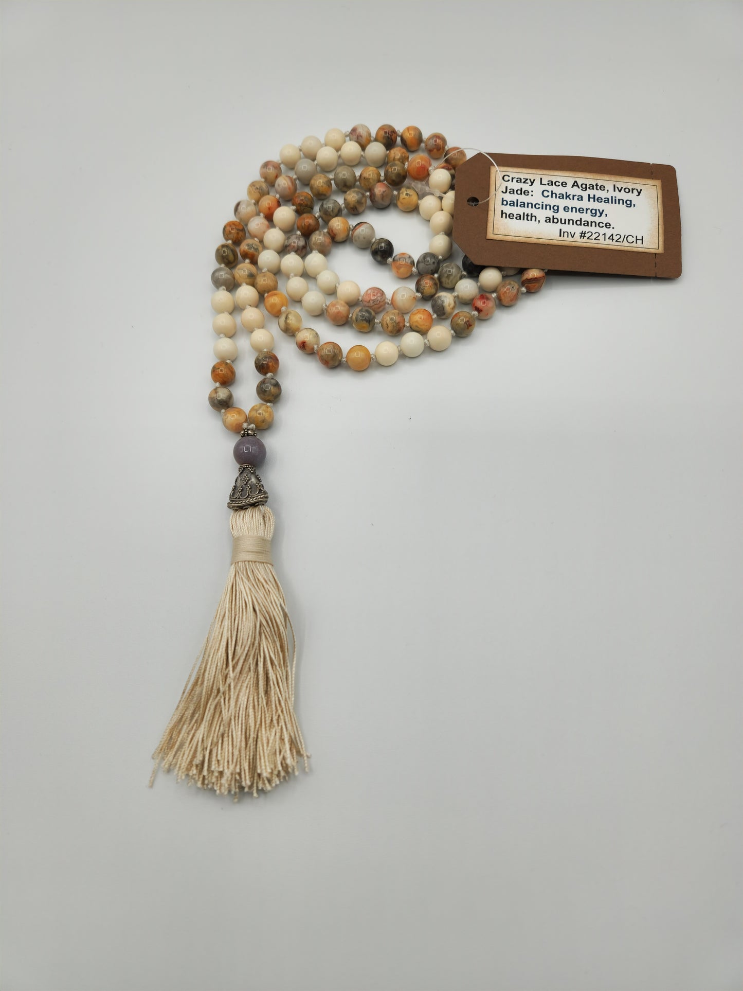 Mala Necklace Crazy Lace Agate and Ivory Jade 8mm