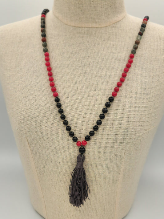 Mala Necklace Black Obsidian, Red Jade, African Bloodstone 8mm