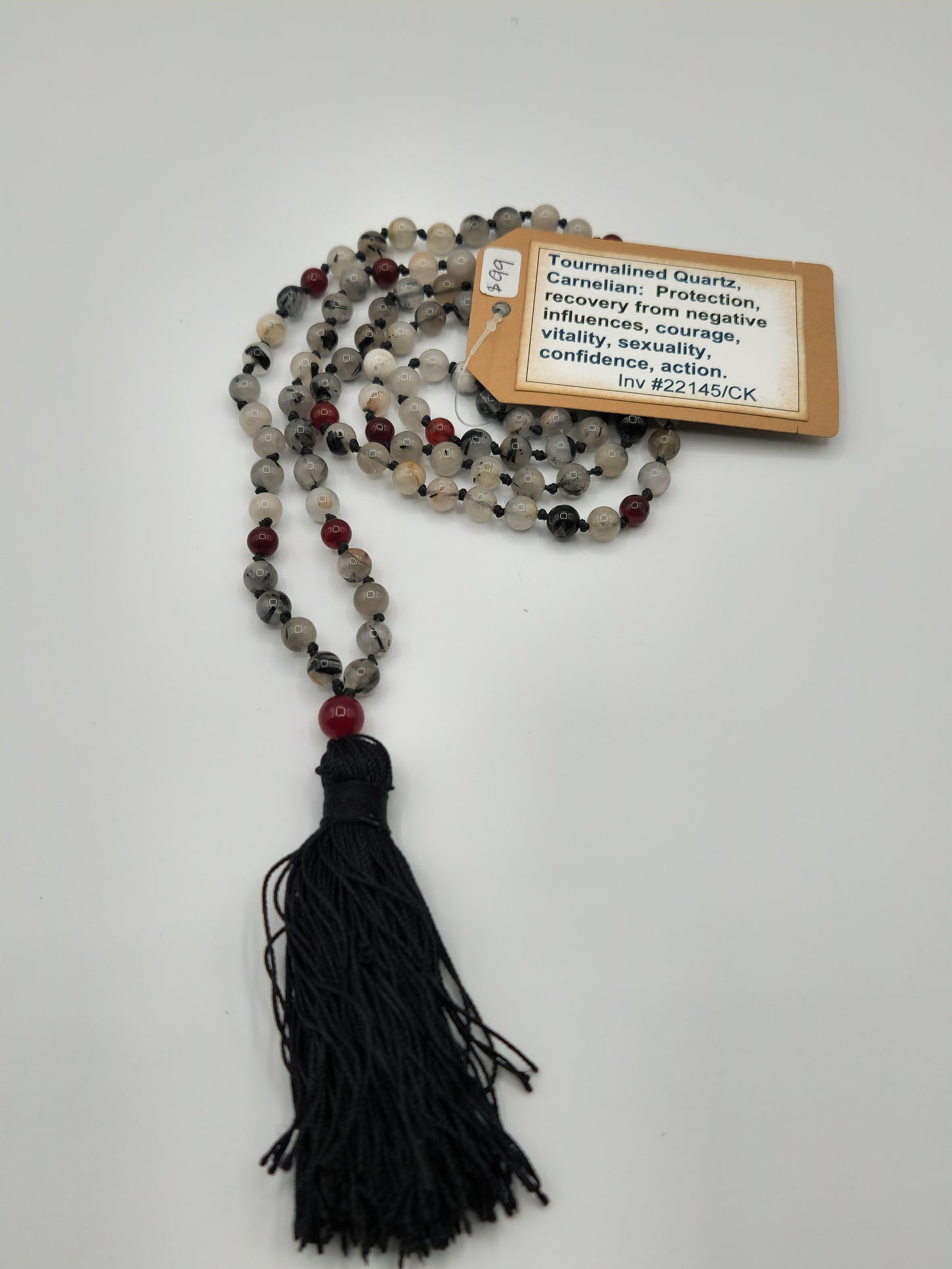 Mala Necklace Tourmalined Quartz, Carnelian 6mm