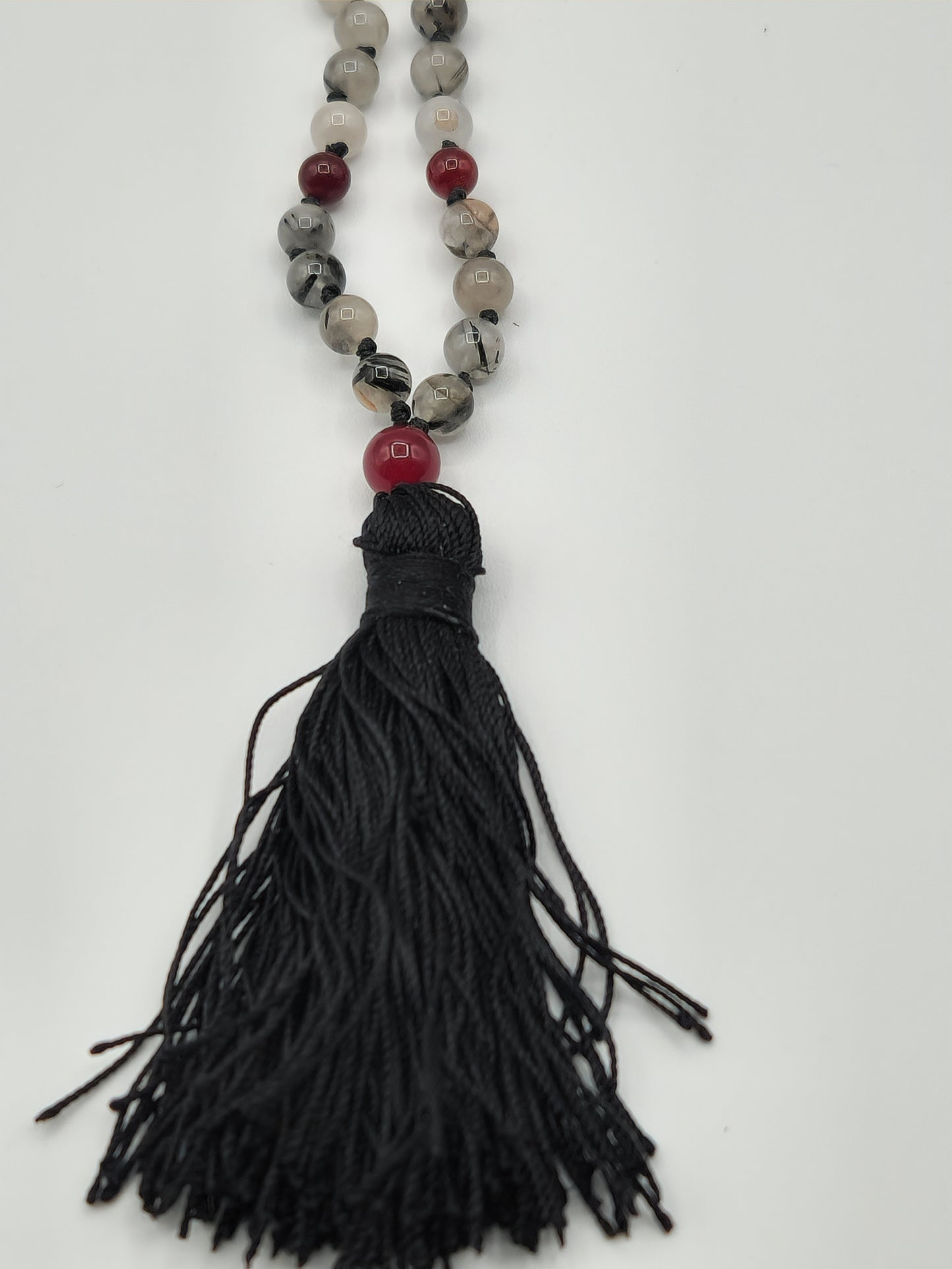 Mala Necklace Tourmalined Quartz, Carnelian 6mm