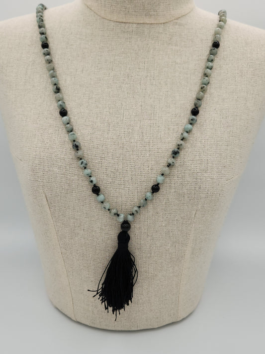 Mala Necklace Sky Mountain Blue Kiwi Jasper and Black Obsidian 8mm