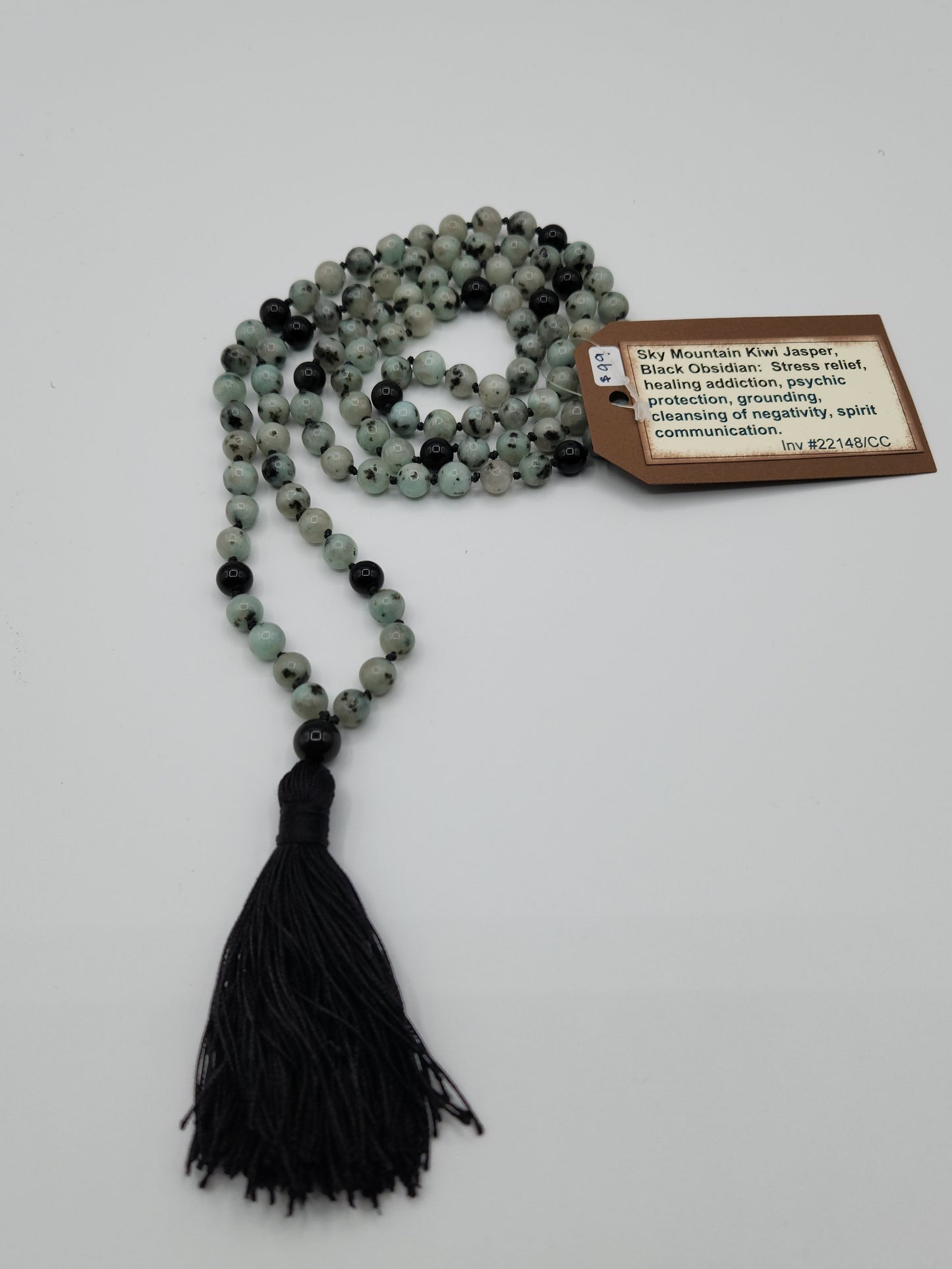 Mala Necklace Sky Mountain Blue Kiwi Jasper and Black Obsidian 8mm