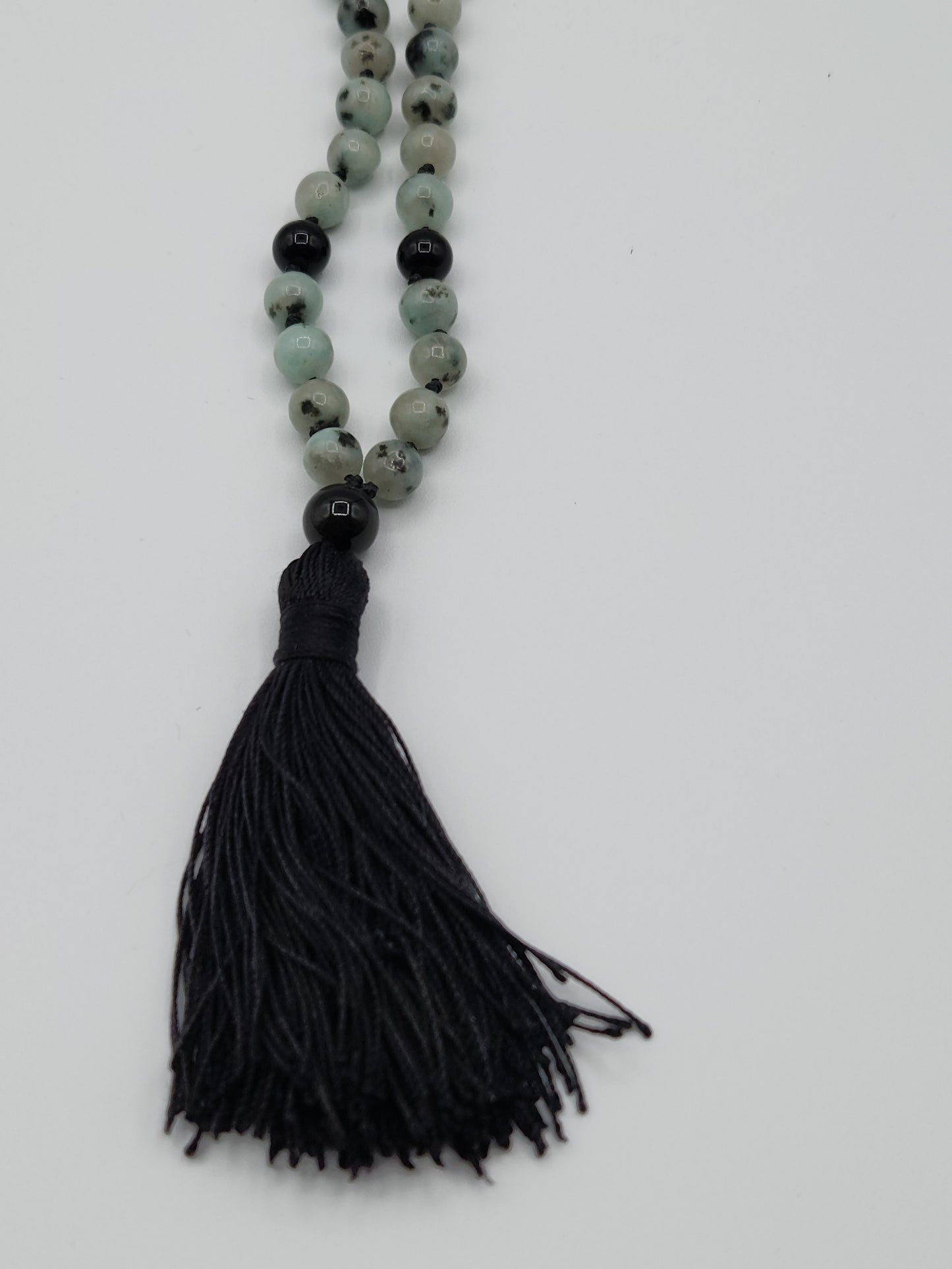 Mala Necklace Sky Mountain Blue Kiwi Jasper and Black Obsidian 8mm