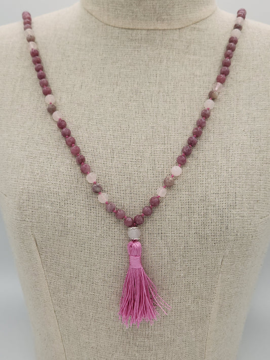 Mala Necklace Medium and Dark Lepidolite and Rose Quartz 8mm