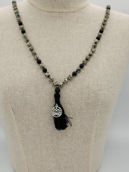 Mala Necklace Dalmation Jasper and Black Obsidian 8mm