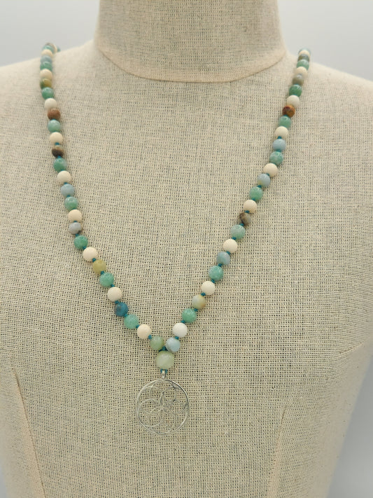 Mala Necklace Burmese Jade, Ivory Jade, and Brazilian Amazonite 8mm