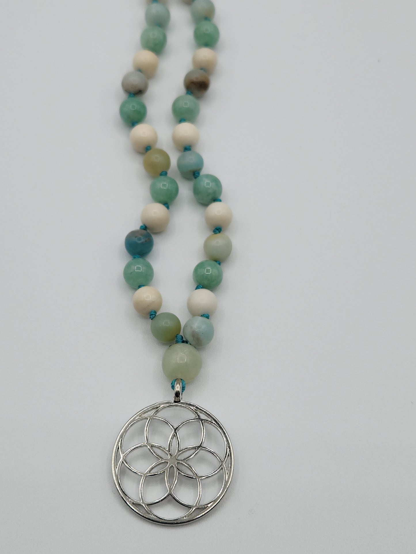 Mala Necklace Burmese Jade, Ivory Jade, and Brazilian Amazonite 8mm