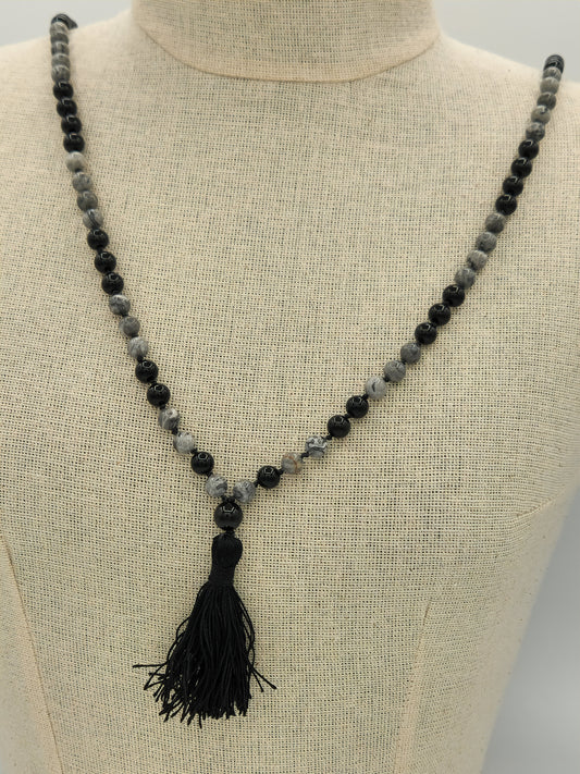 Mala Necklace Silver Crazy Lace Agate and Black Obsidian 8mm