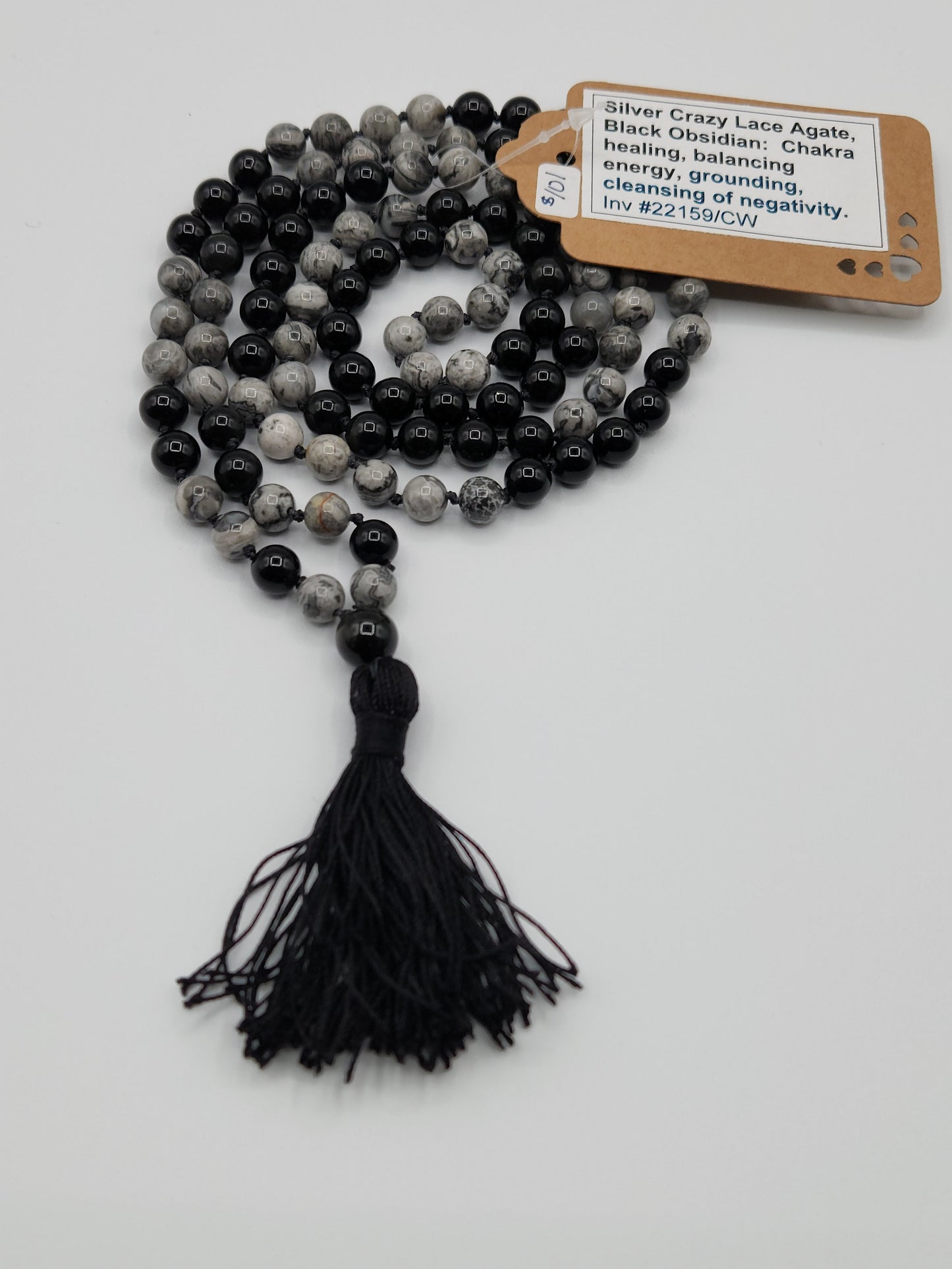 Mala Necklace Silver Crazy Lace Agate and Black Obsidian 8mm