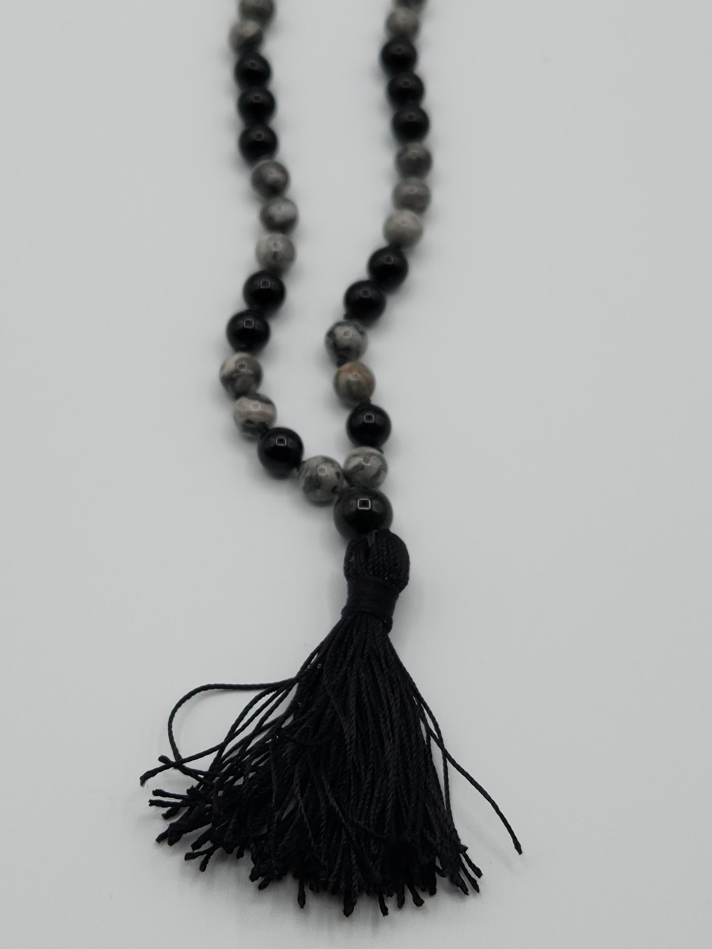 Mala Necklace Silver Crazy Lace Agate and Black Obsidian 8mm