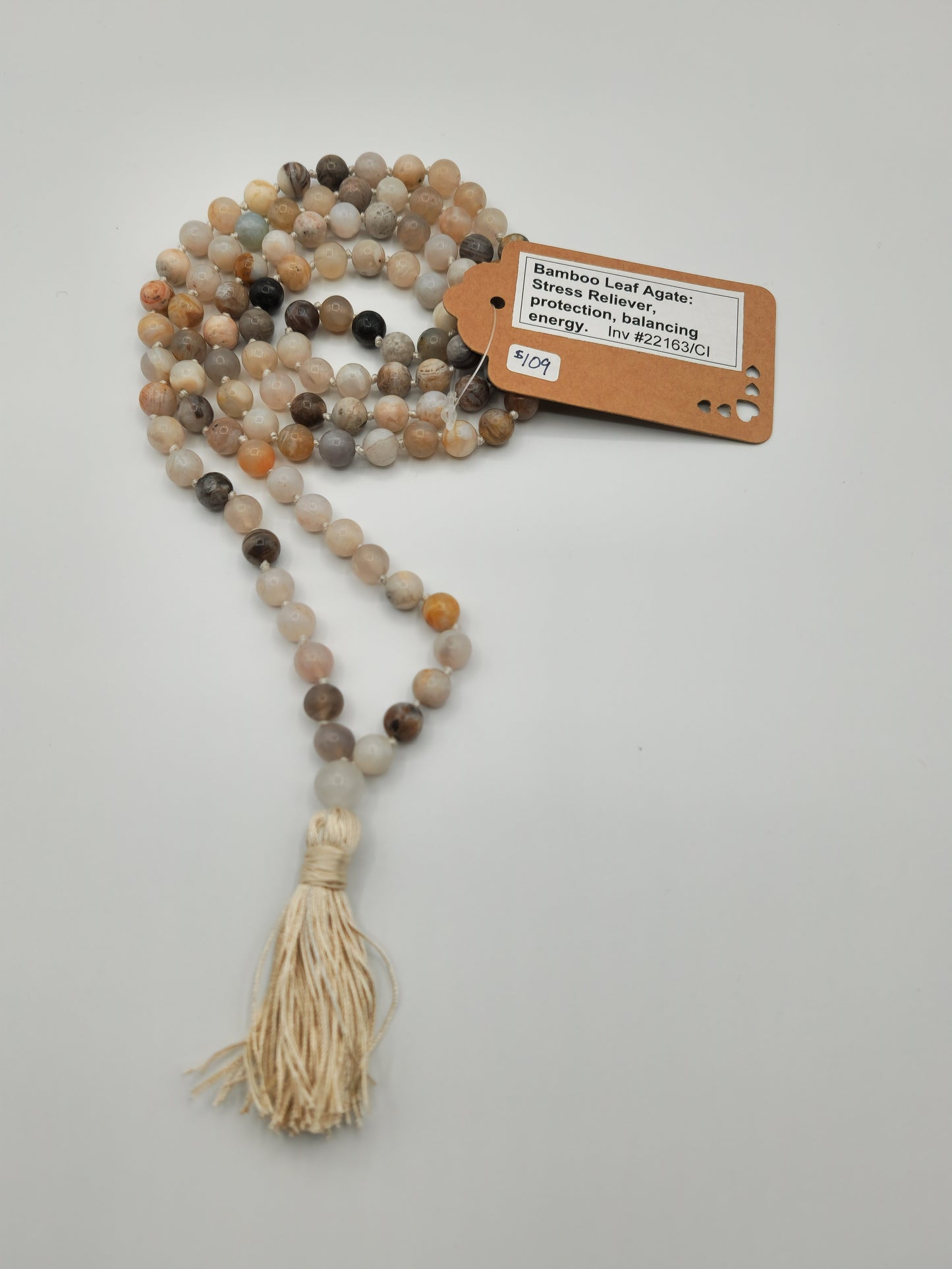 Mala Necklace Bamboo Leaf Agate 8mm