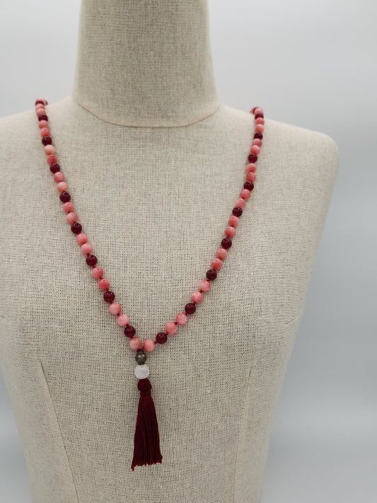 Mala Necklace Rhodochrosite and Maroon Jade 8mm