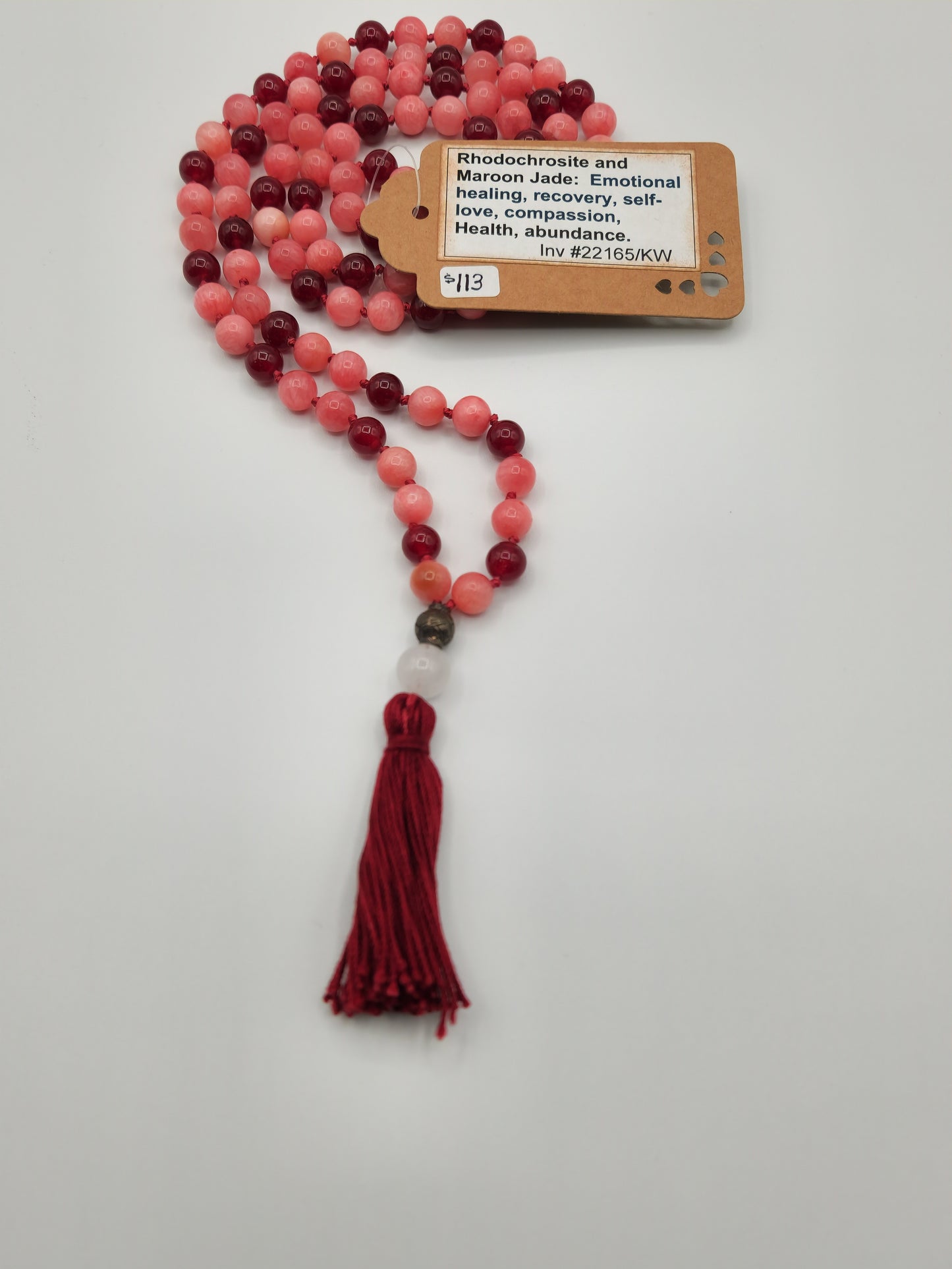 Mala Necklace Rhodochrosite and Maroon Jade 8mm