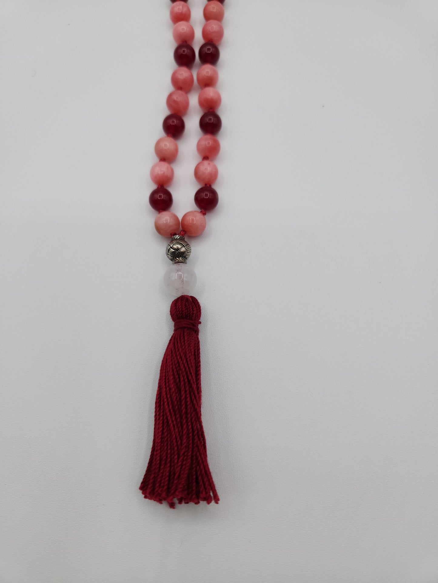 Mala Necklace Rhodochrosite and Maroon Jade 8mm