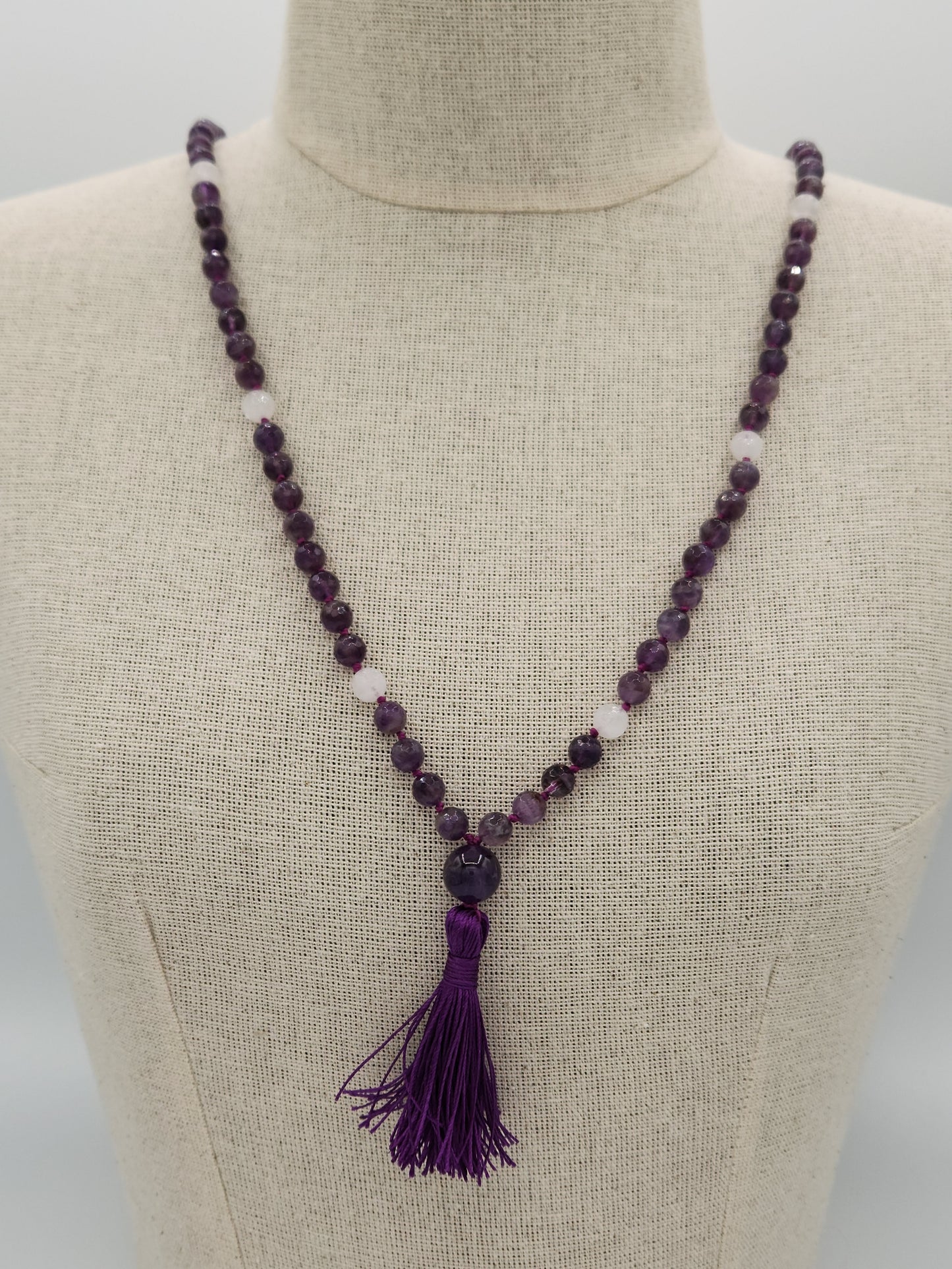 Mala Necklace Faceted Amethyst and White Jade 8mm