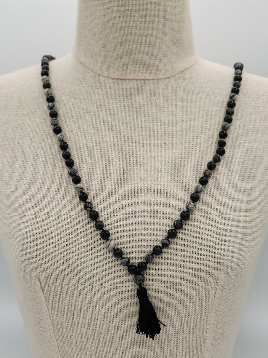 Mala Necklace Black Picasso Jasper and Black Obsidian 8mm