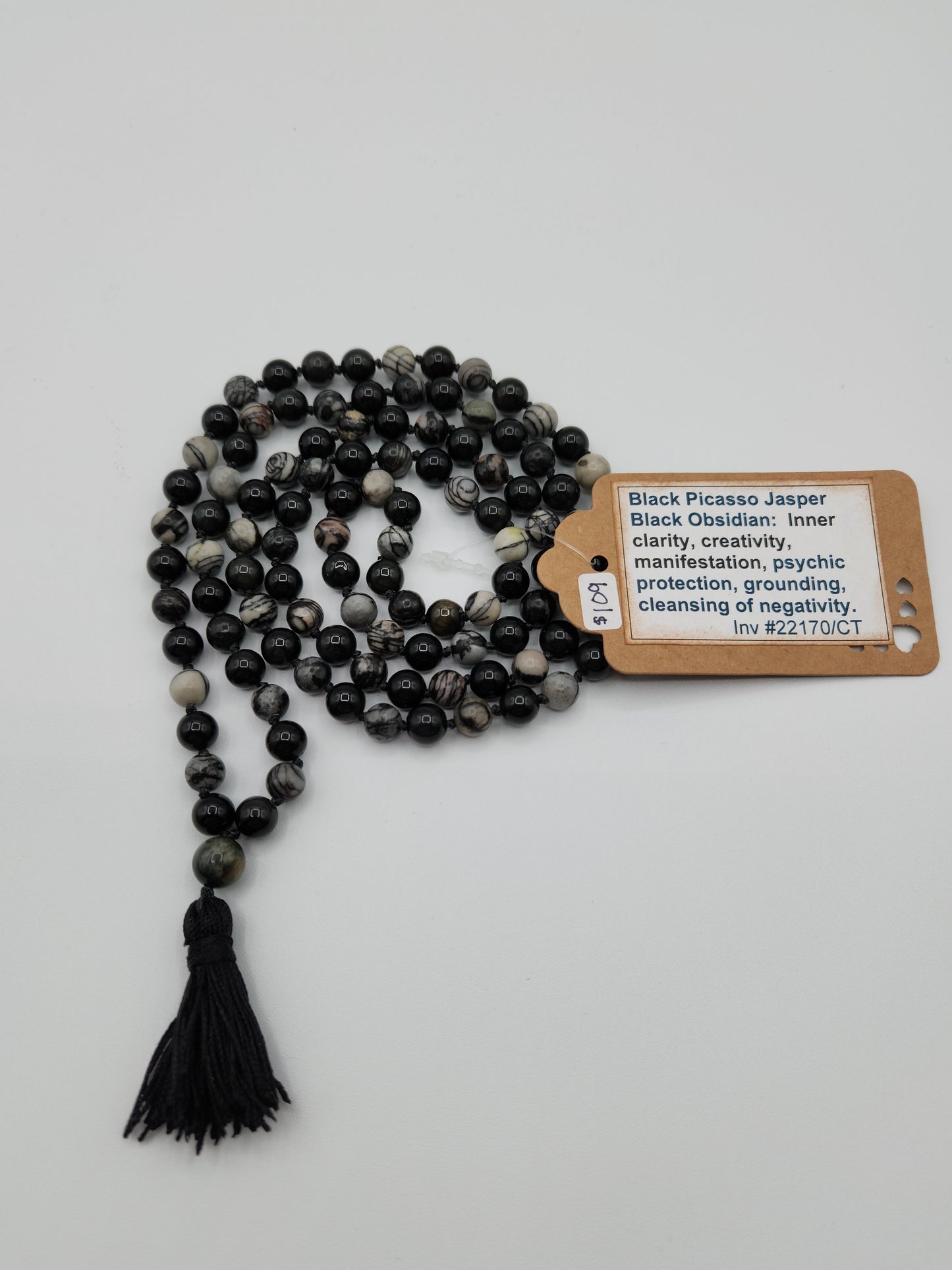 Mala Necklace Black Picasso Jasper and Black Obsidian 8mm