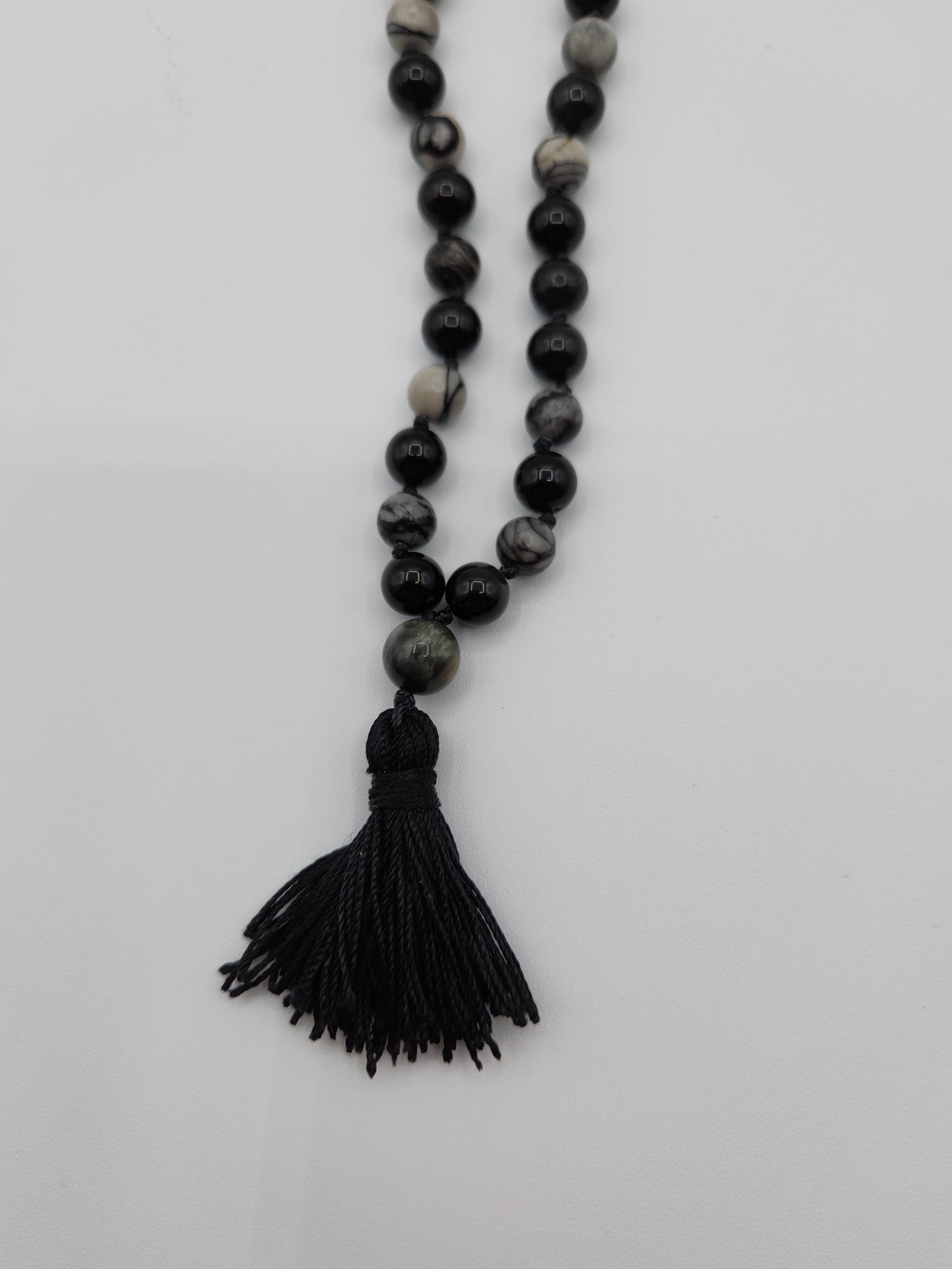 Mala Necklace Black Picasso Jasper and Black Obsidian 8mm