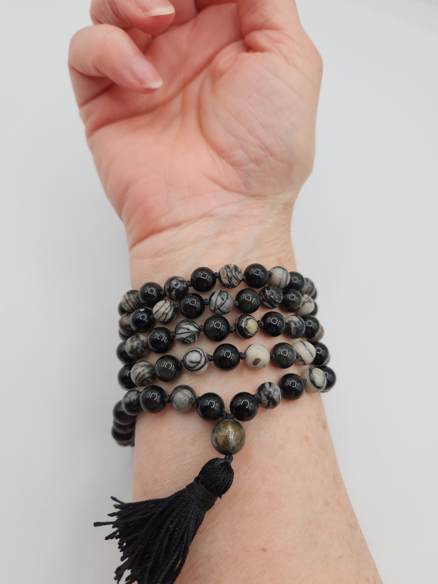 Mala Necklace Black Picasso Jasper and Black Obsidian 8mm