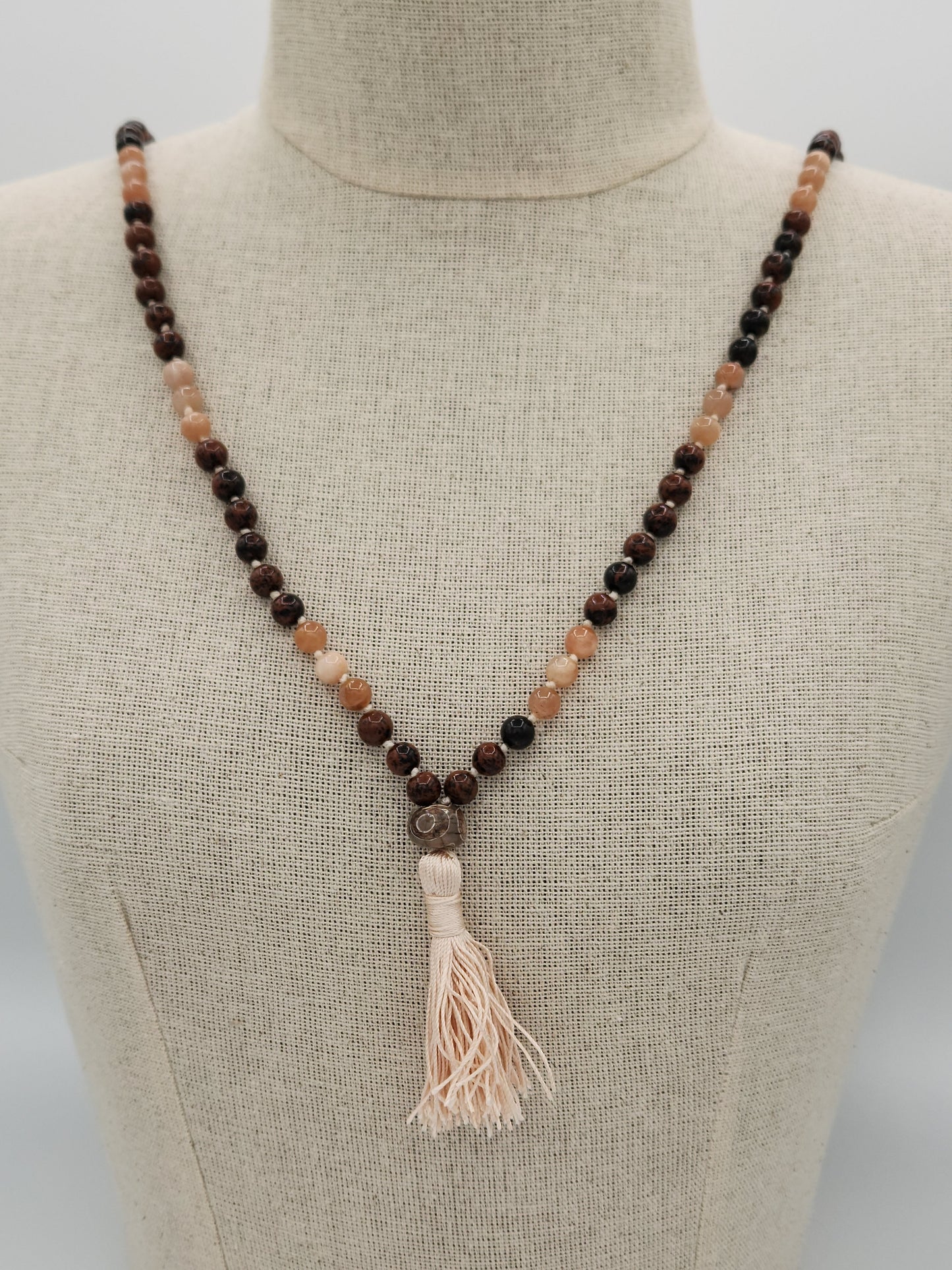 Mala Necklace Mahogany Obsidian and Sunstone 8mm