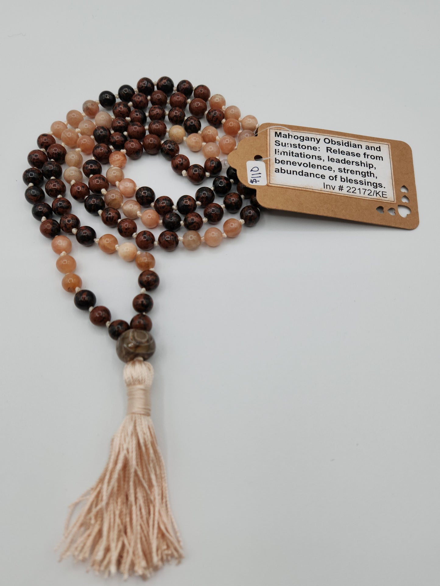 Mala Necklace Mahogany Obsidian and Sunstone 8mm