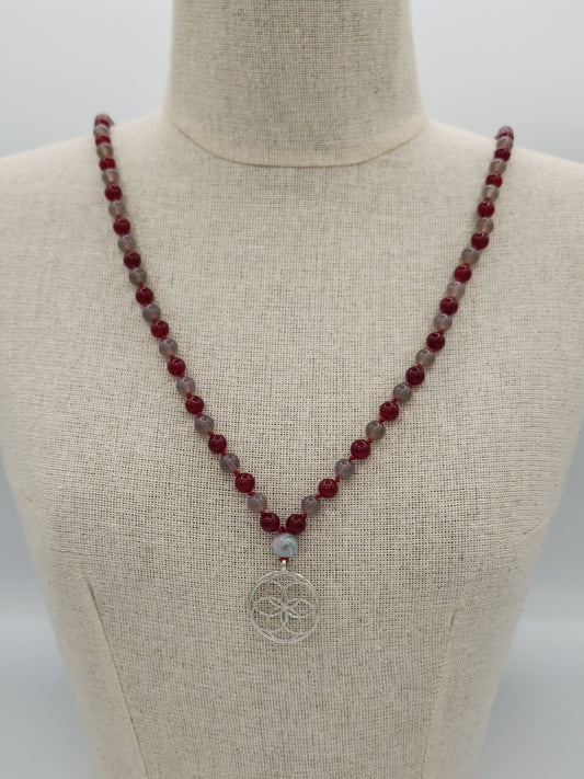 Mala Necklace Maroon Jade and Grey Chalcedony  8mm