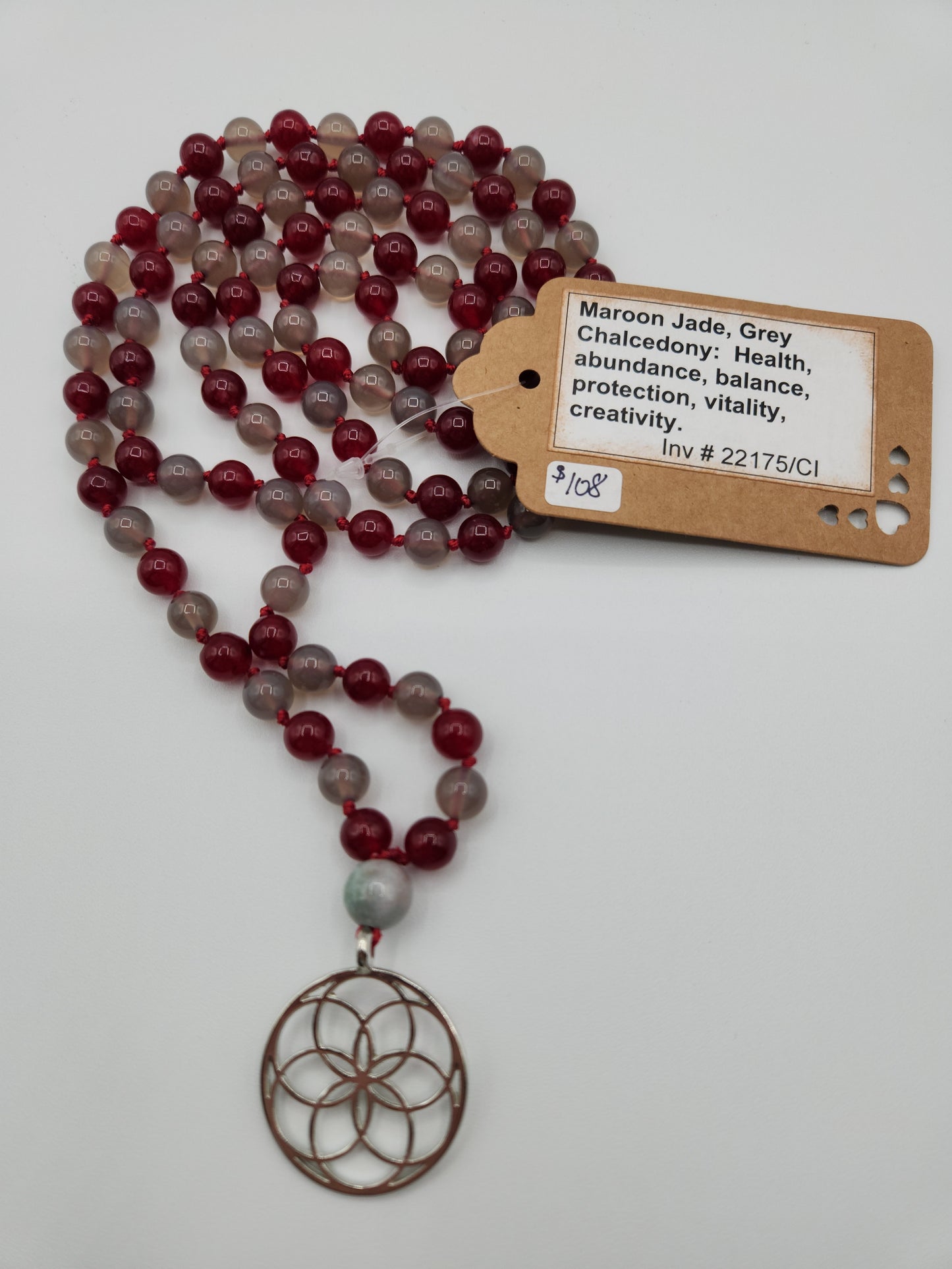 Mala Necklace Maroon Jade and Grey Chalcedony  8mm